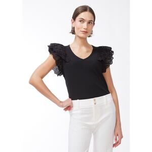Chicos V Neck Ribbed Eyelet Flutter Sleeve Tee Shirt Womens XXL Size 4 New Black